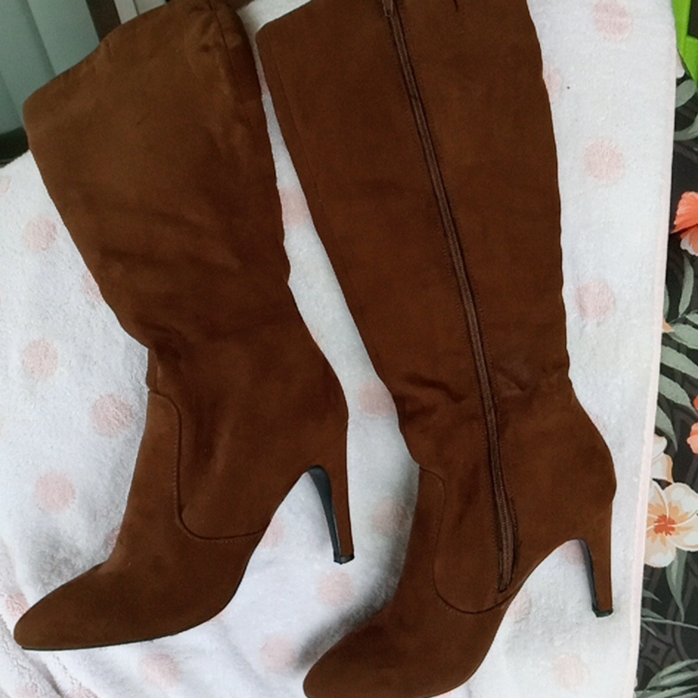 New Brown Suede Women Pointed Toe Side Zipper High Heels tall Boots  size 6.5